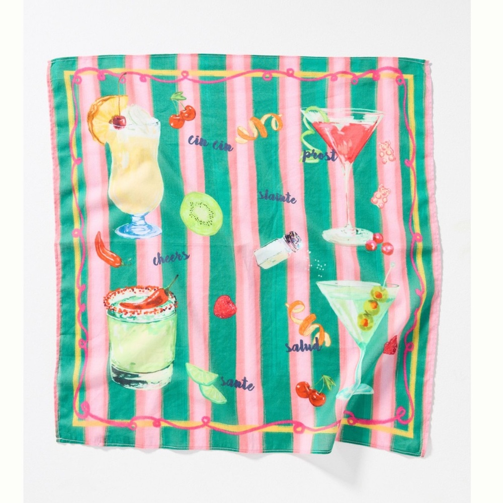 🍹 Anthropologie Scarf Vismaya Summer Edit Cotton Square New Cocktails Green Pink